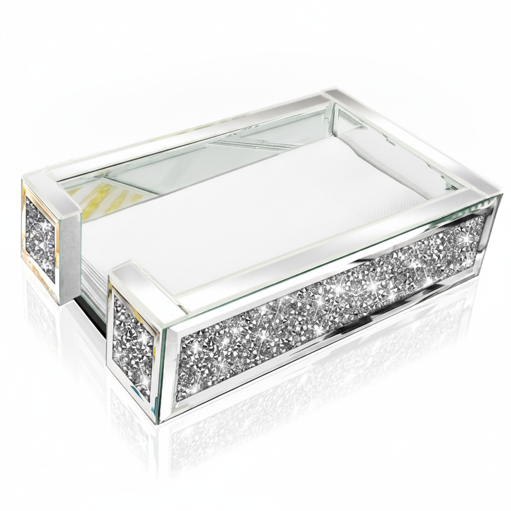 Crushed-crystal mirror napkin holder tray holding folded napkins on white