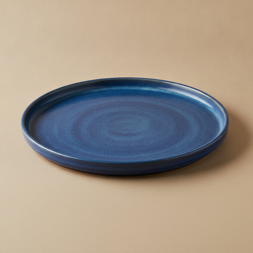 Angled product shot of a single round Mediterranean blue reactive-glaze stoneware dinner plate