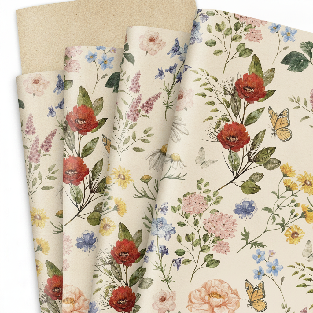 Macro close-up of vintage wildflower wrapping paper on cream