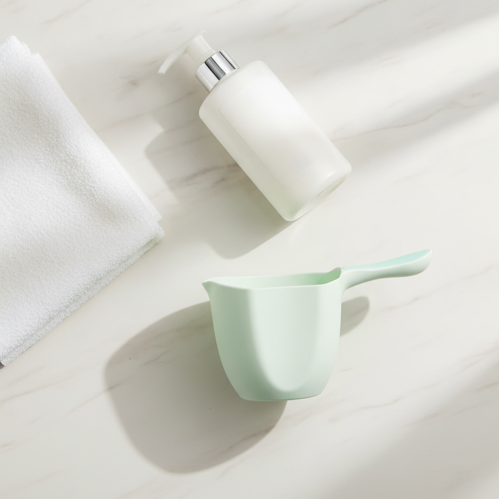 Flat-lay of mint green bath rinse cup with towel and baby wash