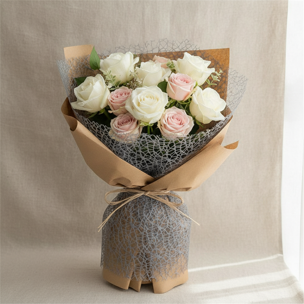 White and blush rose bouquet wrapped in gray spiderweb mesh fabric