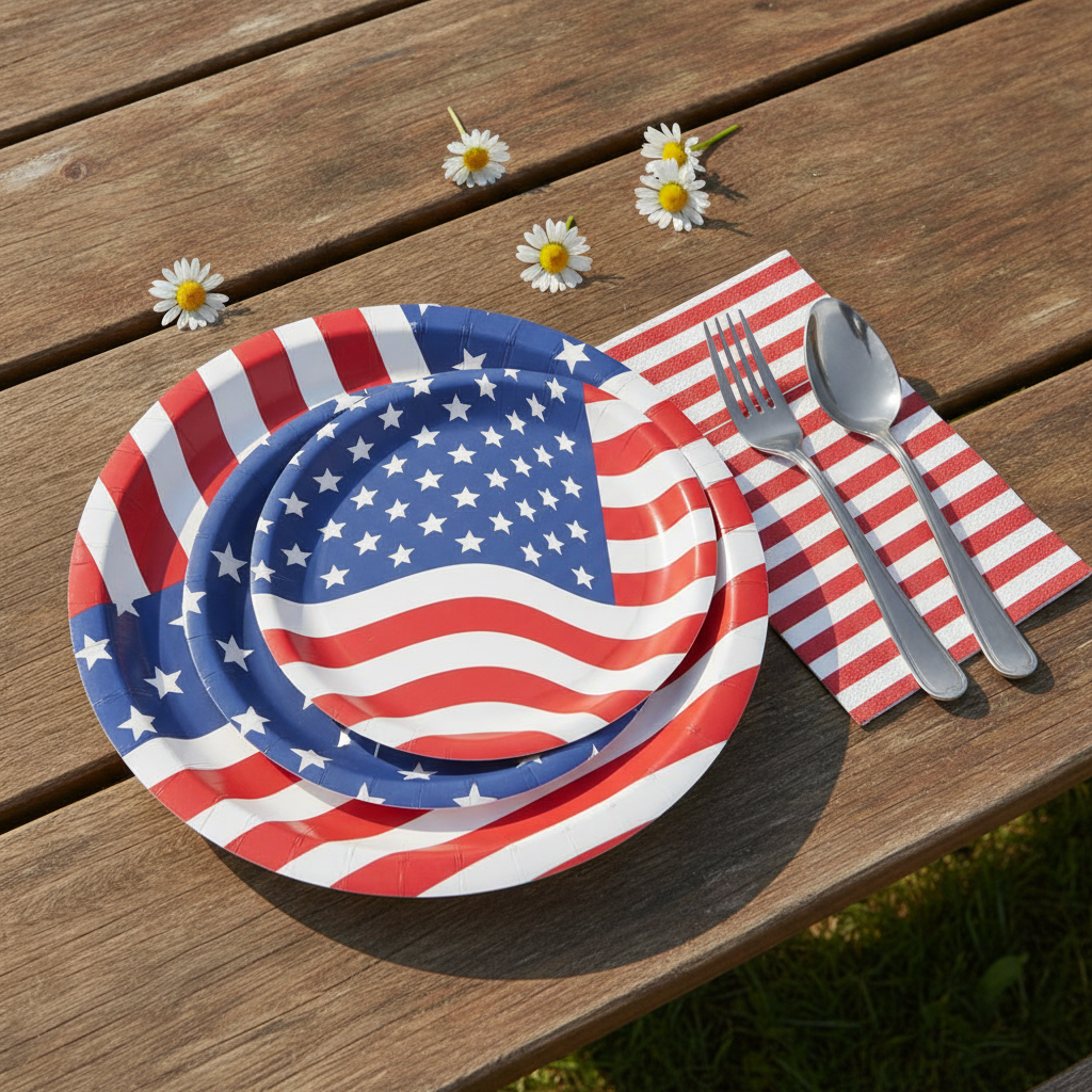 Patriotic stars and stripes paper plate and napkin place setting on wood picnic table