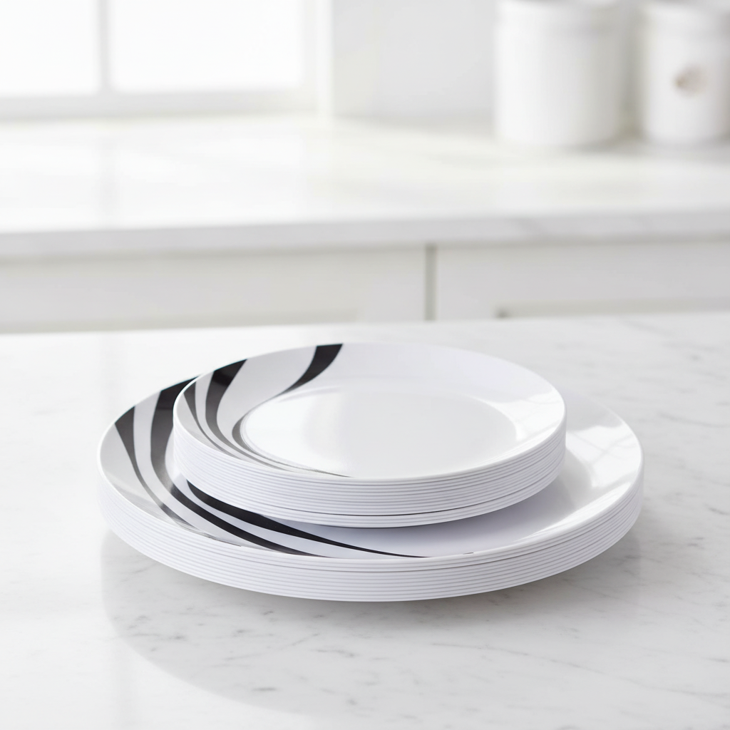 Styled stack of white plastic party plates on a marble counter showing thin disposable rims