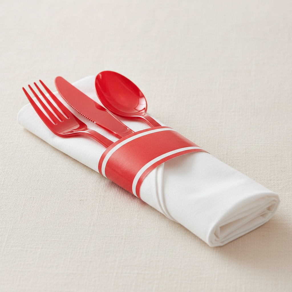 Close-up of red plastic fork knife and spoon in a striped paper napkin