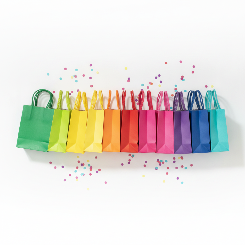 Overhead flat-lay of rainbow kraft gift bags in a neat row with confetti