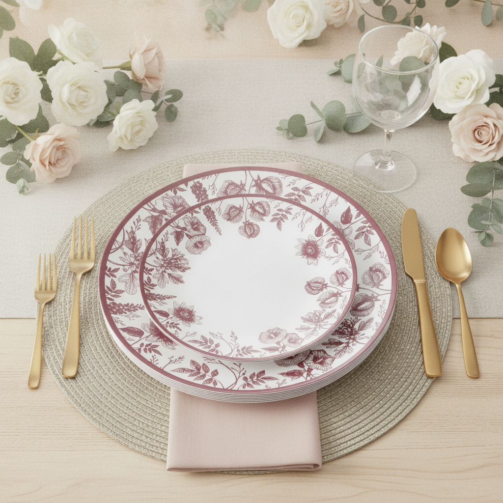 Pink floral disposable plate place setting with gold flatware and roses