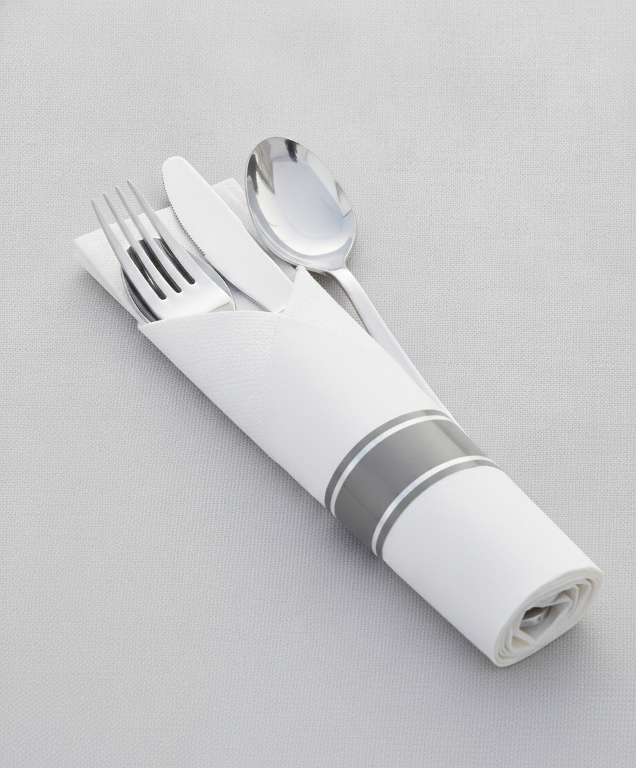 Close-up of a silver plastic fork, knife and spoon rolled in a white napkin with a double silver stripe band