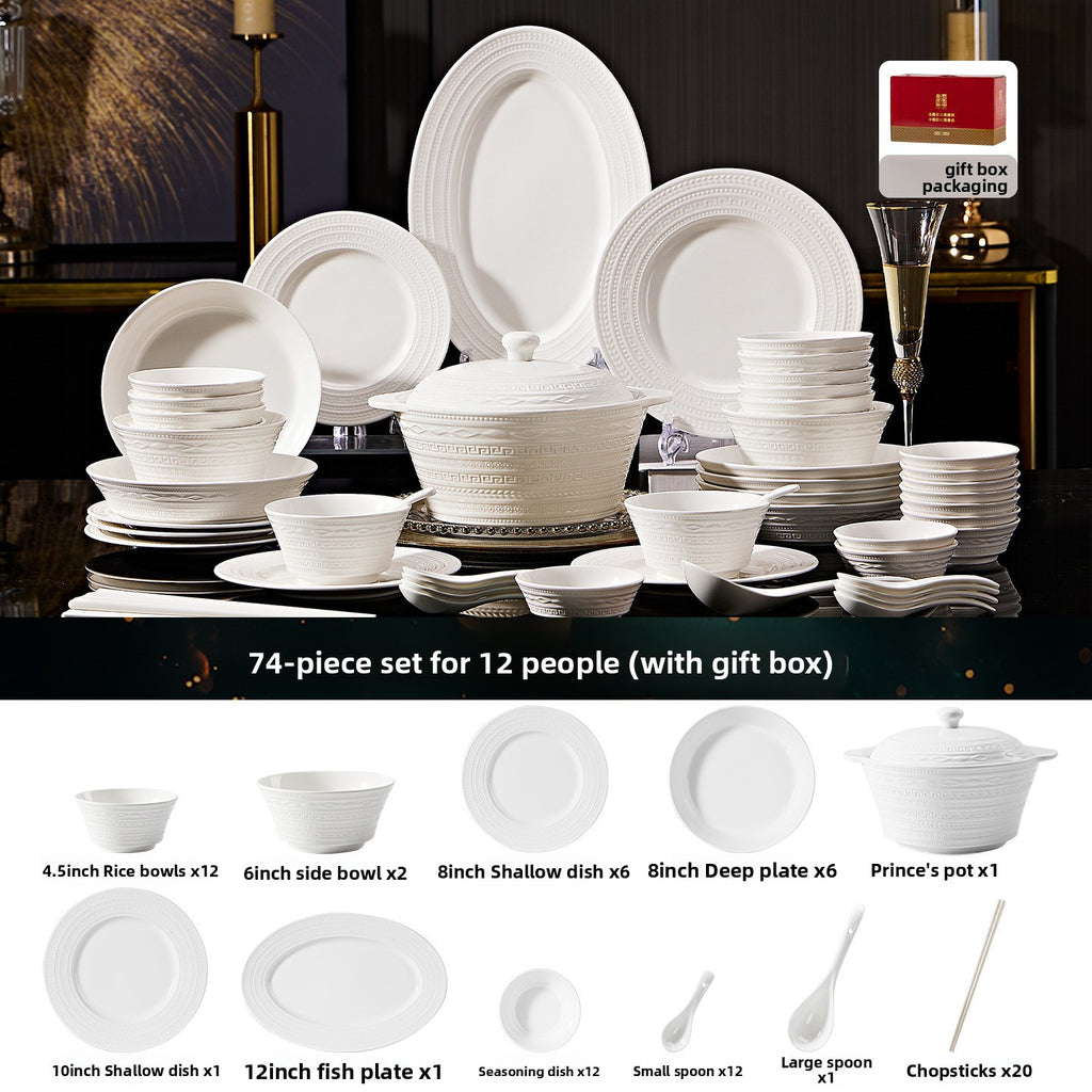 Jingdezhen Embossed White Porcelain Dinnerware Set for 12, 74 pc