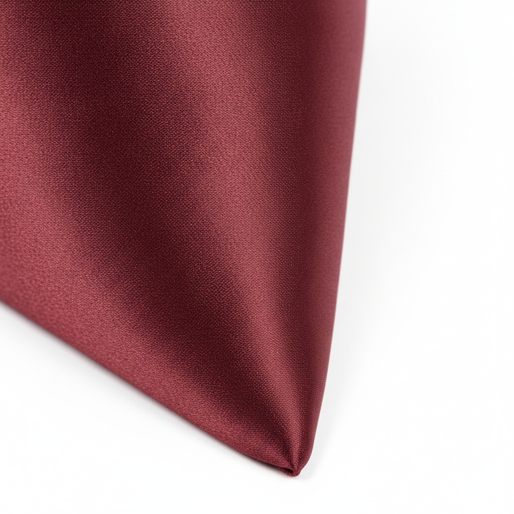 Close up of burgundy satin napkin showing silky sheen and folded edge