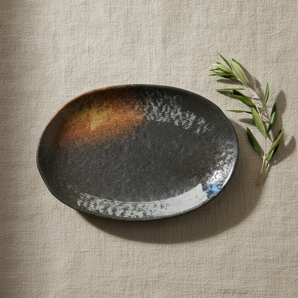 Overhead flat-lay of empty oval reactive-glaze porcelain platter on linen with olive