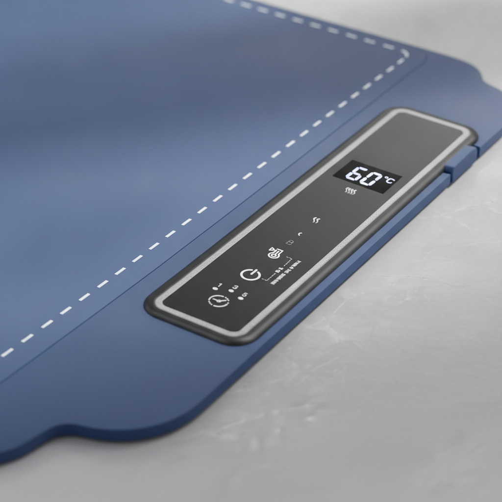 Close-up of the digital temperature control panel on the blue silicone mat