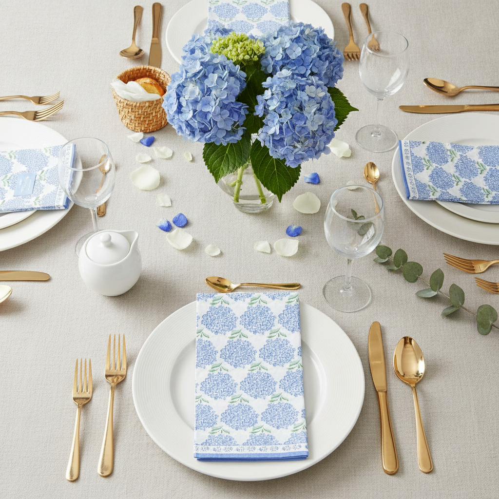 Brunch tablescape with blue hydrangea floral paper napkins on plain white plates