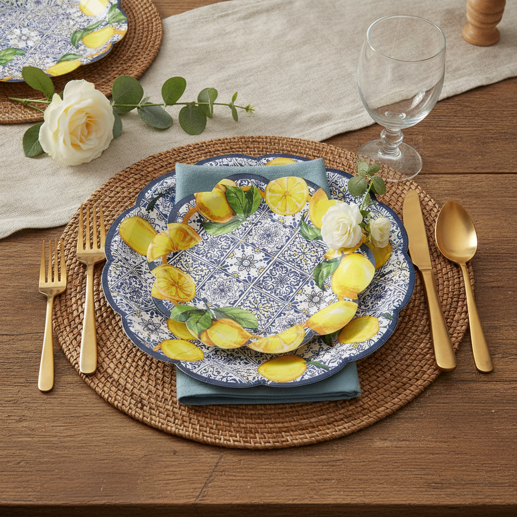 Capri lemon Mediterranean scalloped disposable paper plates styled on a woven placemat with gold flatware
