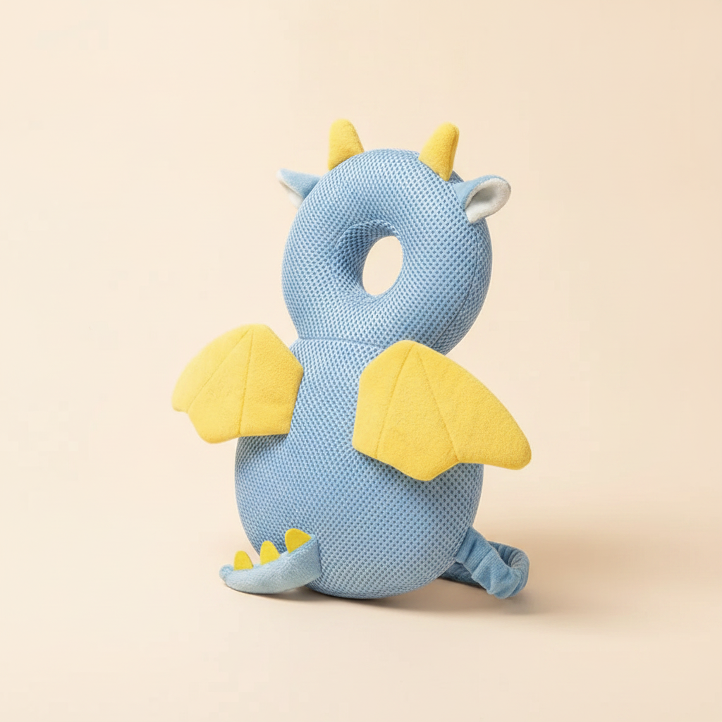 Toddler dragon head protection pad on a soft cream studio backdrop