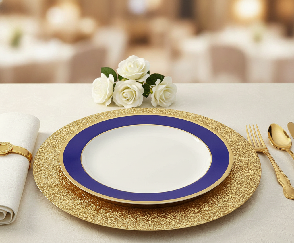 Blue and gold rim plate on a gold charger in an elegant place setting