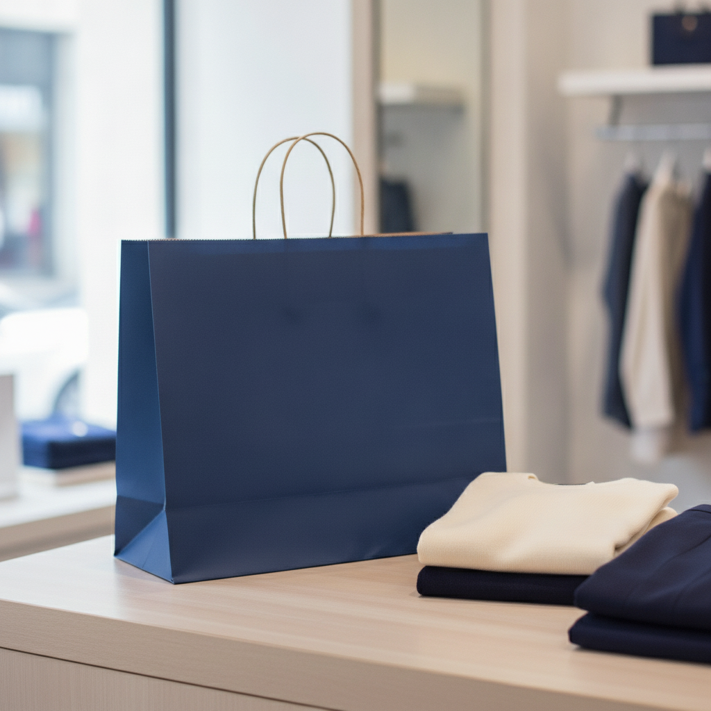 Royal blue kraft shopping bag with twisted handles on boutique counter with clothing