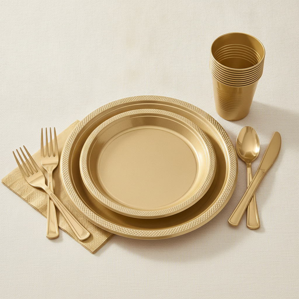 Solid gold disposable plastic place setting — gold plates, solid gold fluted cup and gold cutlery on cream linen