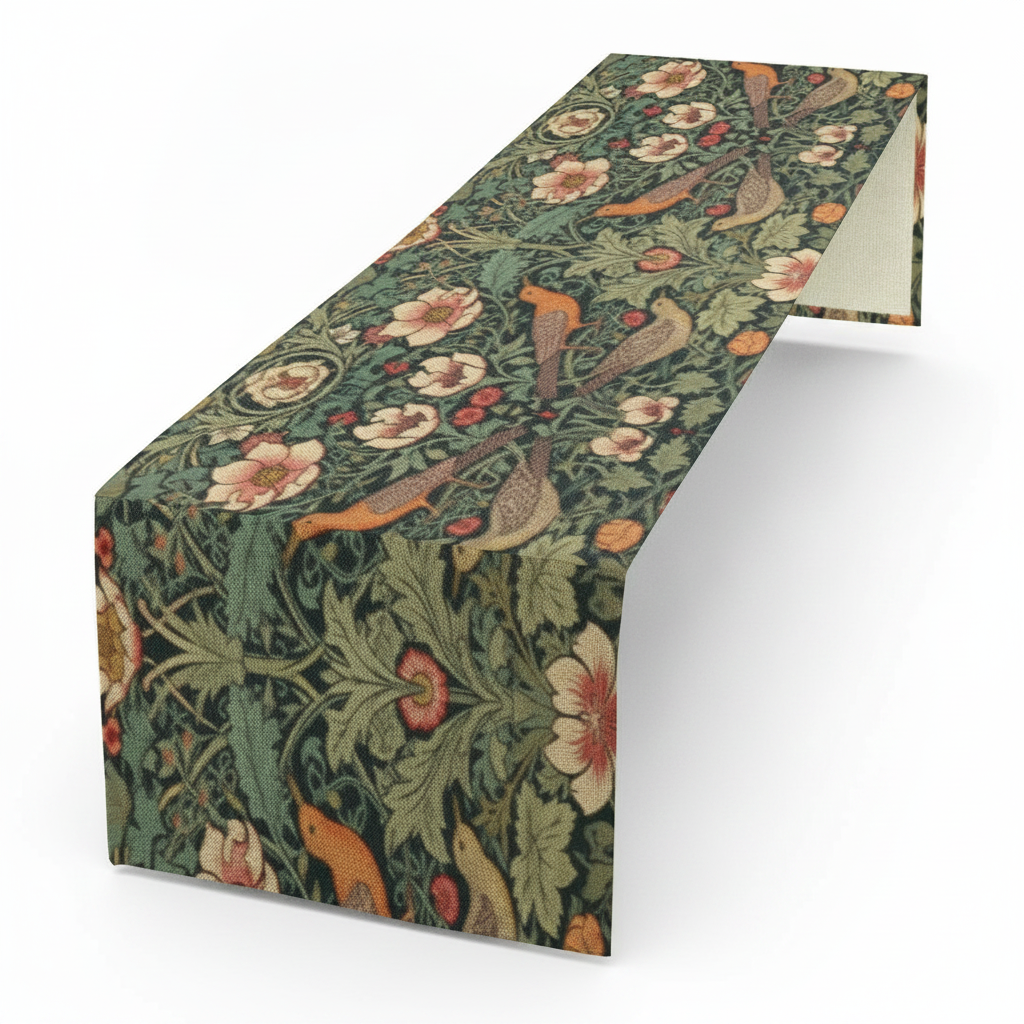 Close-up of the woven linen texture and the pink flowers, orange birds and green leaves on the runner