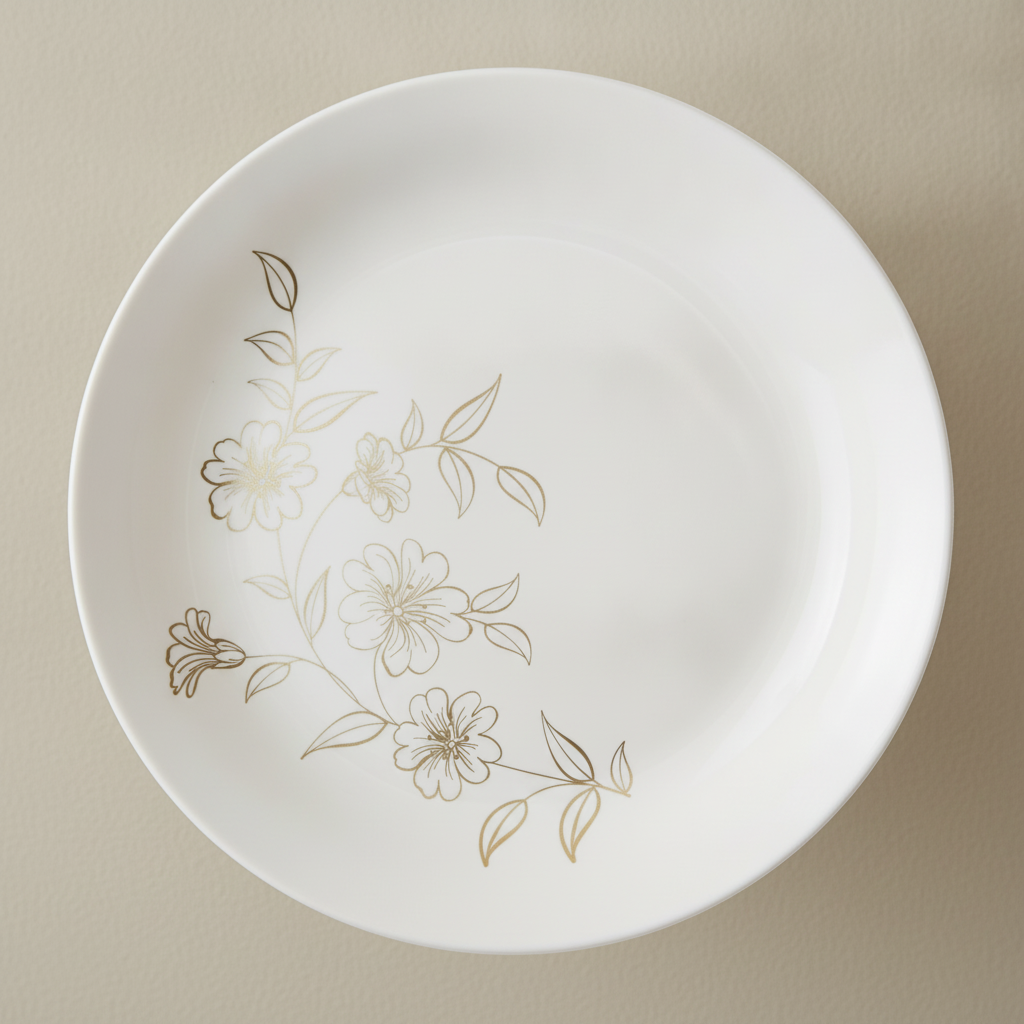 Macro close-up of gold floral line print on a white plastic plate