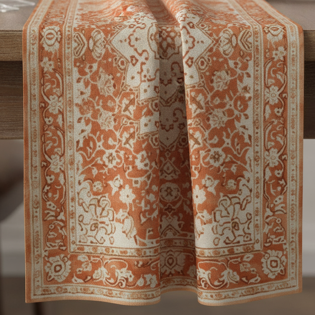 Close-up of terracotta Persian-Moroccan medallion print on cream cotton-linen runner