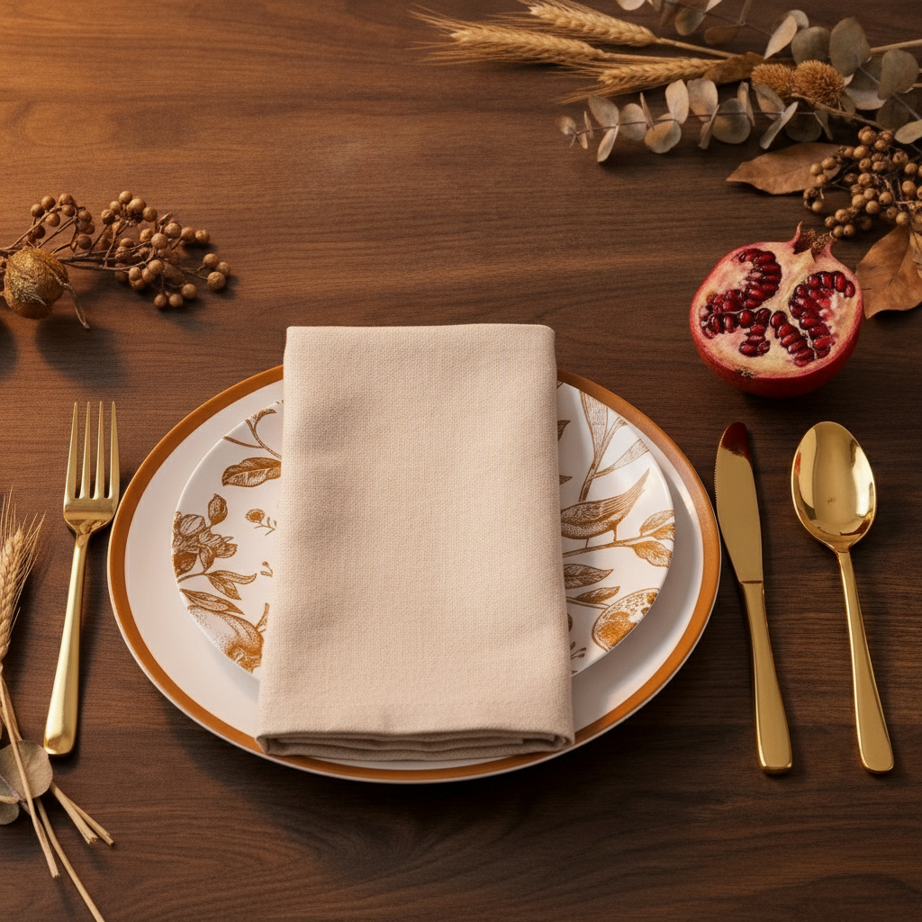 Pomegranate-toile disposable plate place setting with gold cutlery and pomegranate