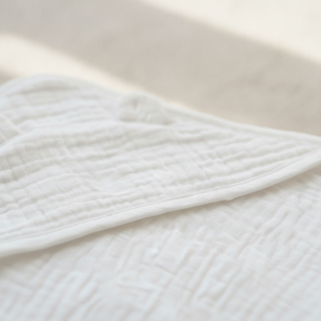 Close-up of crinkled white muslin cotton weave and hood corner on baby poncho