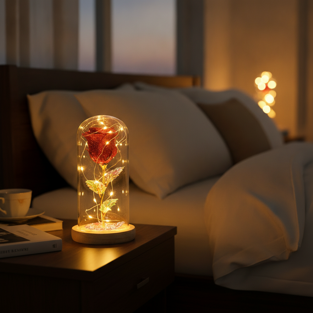 LED glass dome rose glowing on a bedroom nightstand at dusk