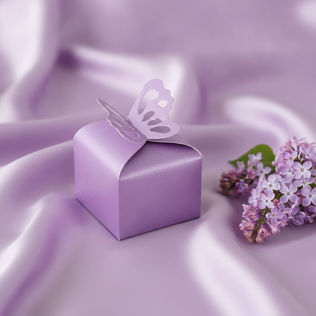 Purple butterfly favor box on lavender silk with lilac blossoms