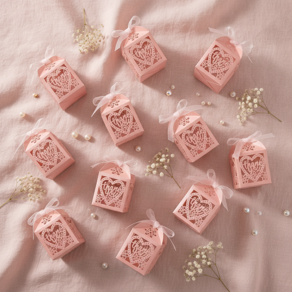 Overhead flat-lay of pink laser-cut heart favor boxes with organza ribbons on blush linen