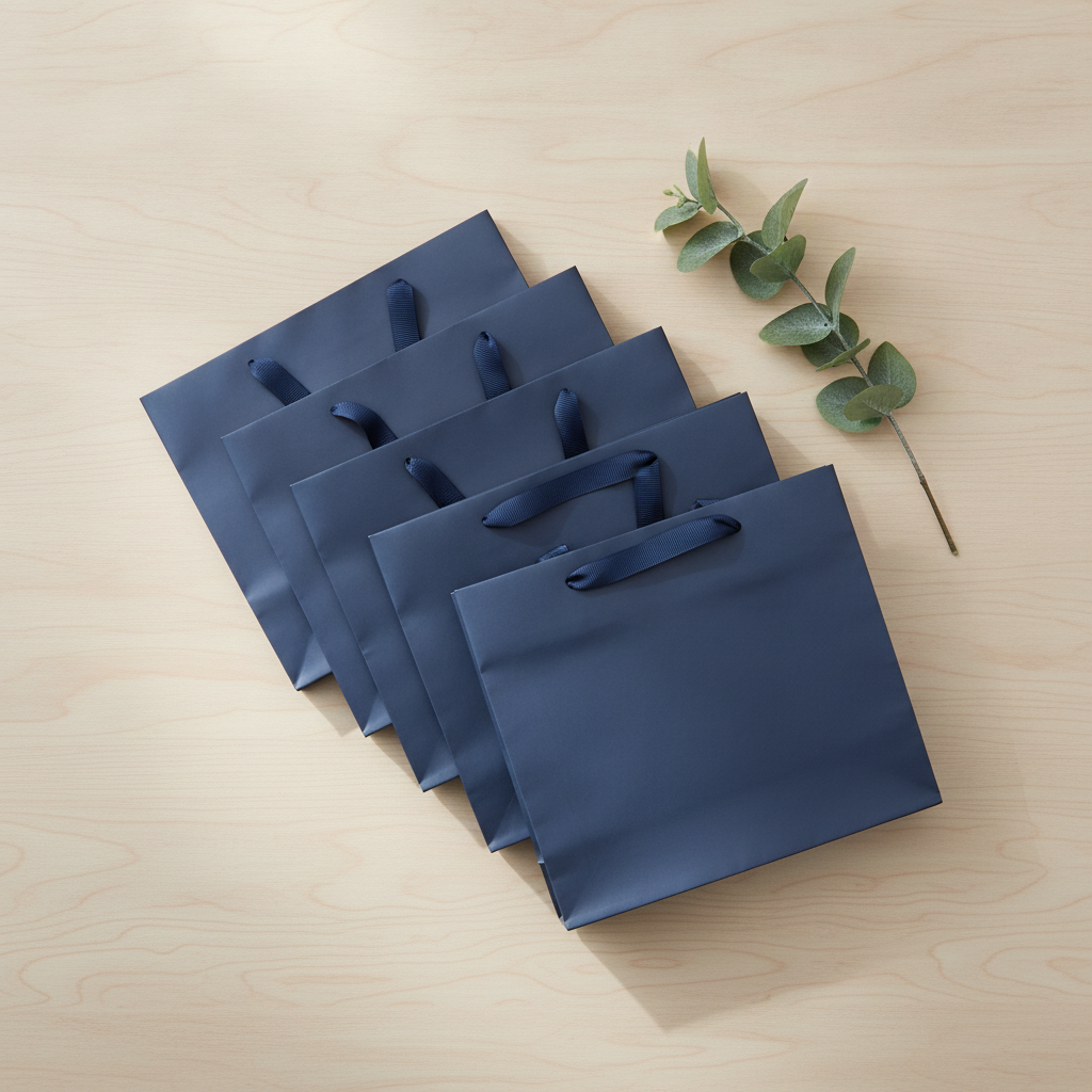 Overhead flat-lay of plain navy blue paper gift bags with cotton-ribbon handles on oak wood