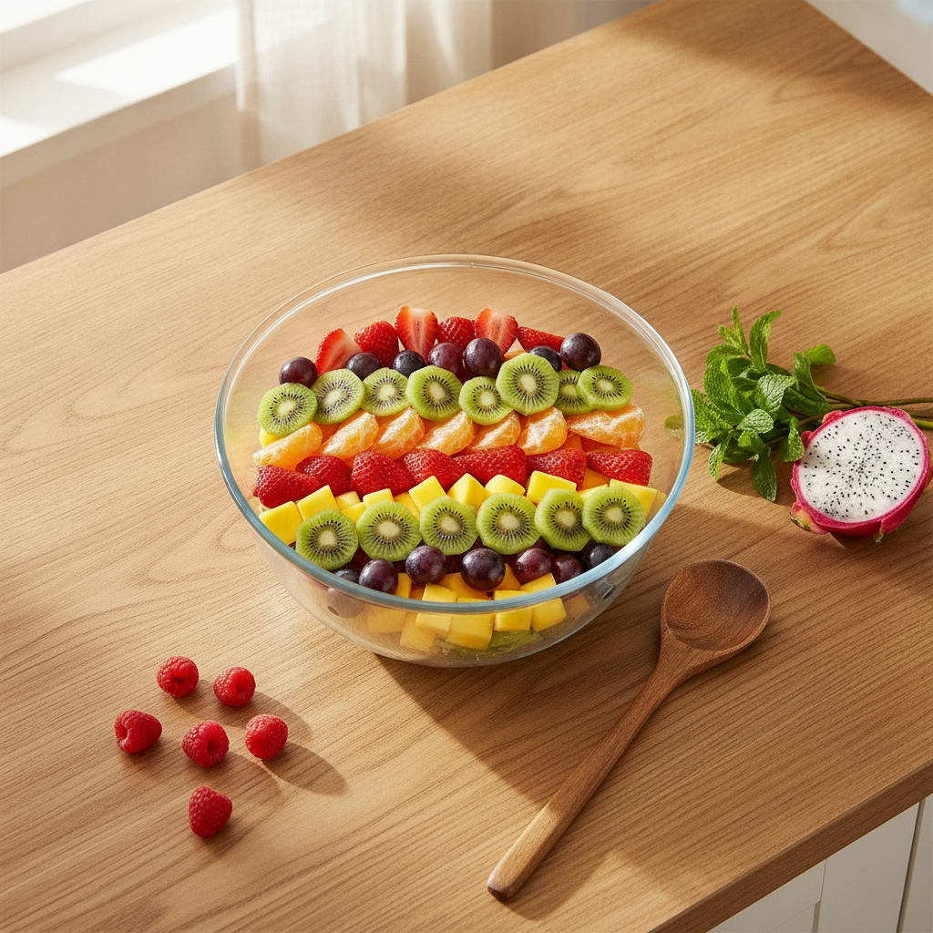 Glass salad bowl with a layered fruit salad on a sunlit kitchen island