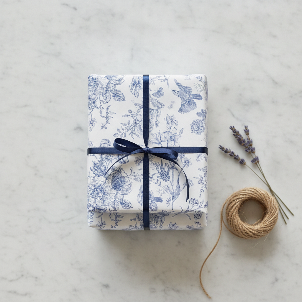 Two gifts wrapped in blue toile paper with navy ribbon on marble