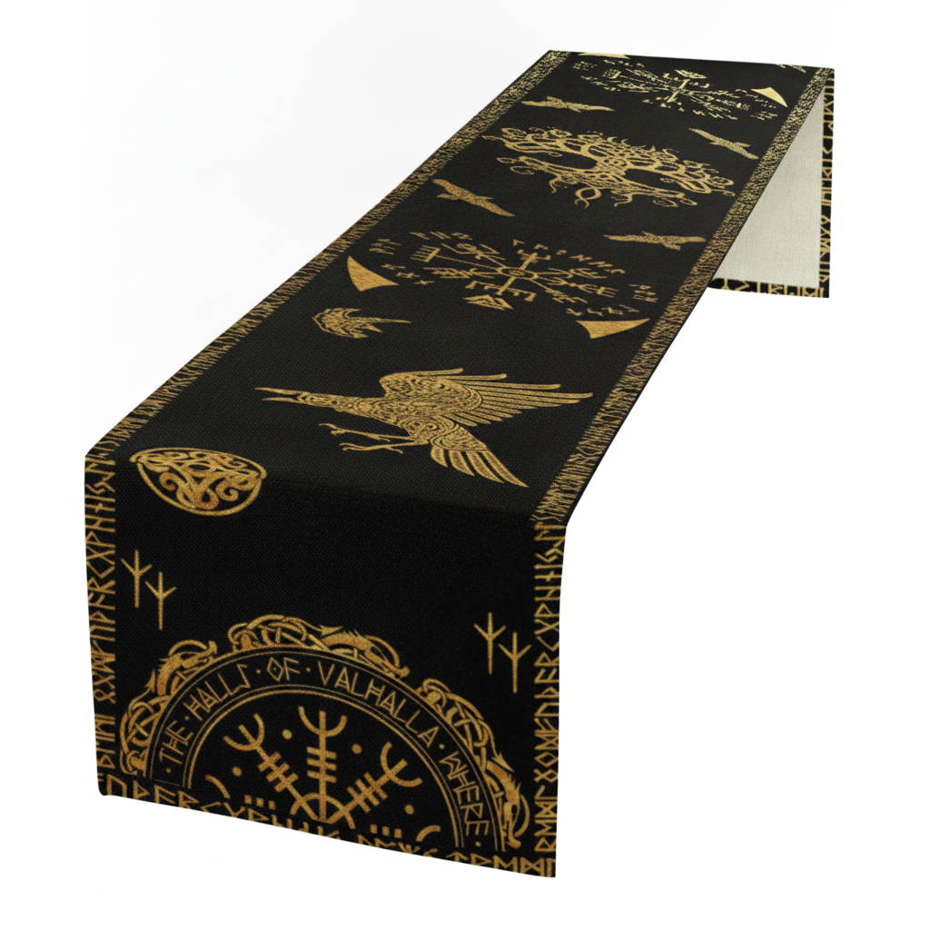 Black and gold Norse Viking runes table runner with raven, tree of life and Vegvisir compass, draped full length