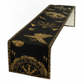 Black and gold Norse Viking runes table runner with raven, tree of life and Vegvisir compass, draped full length