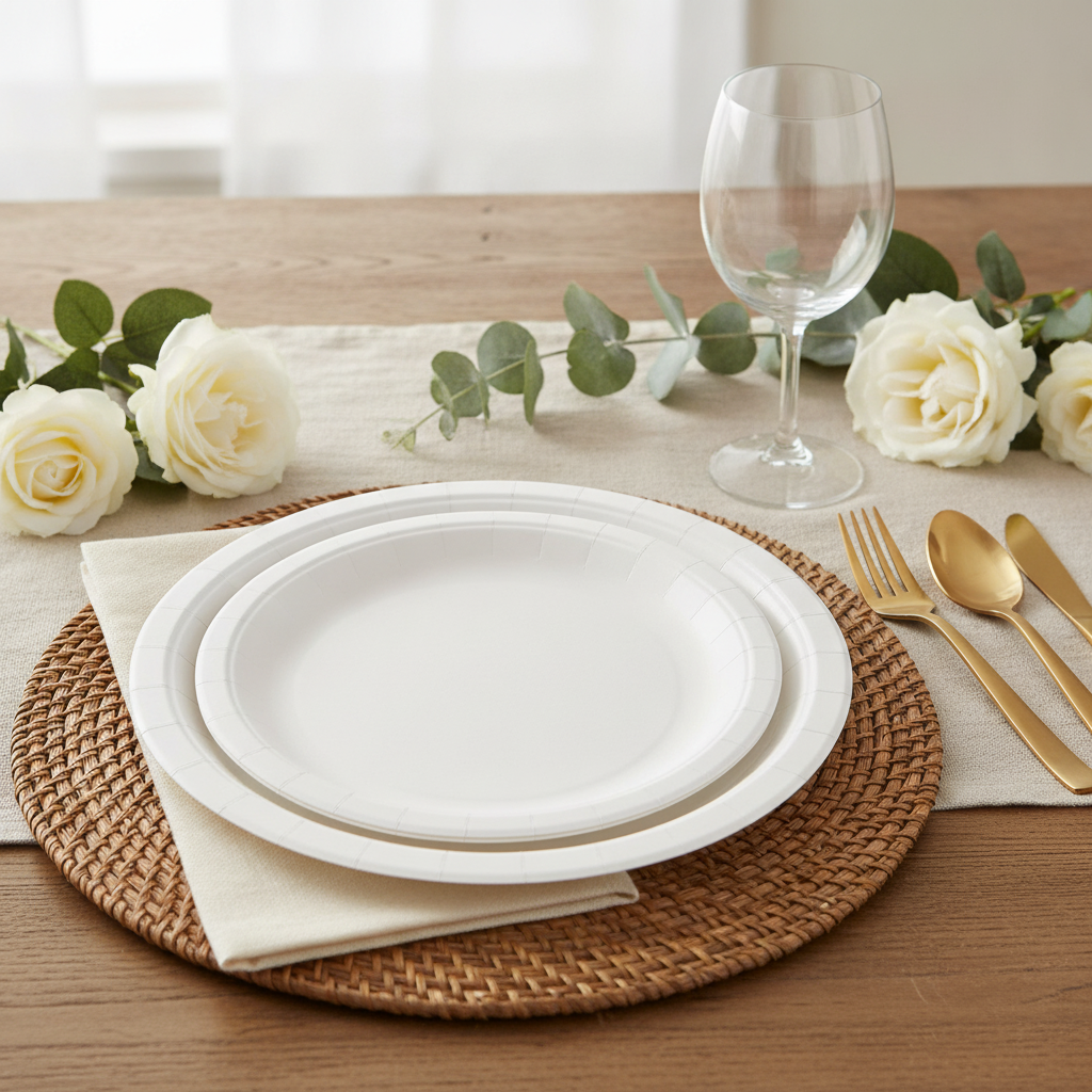 White disposable paper dinner plates styled on a rattan placemat with gold flatware and white roses