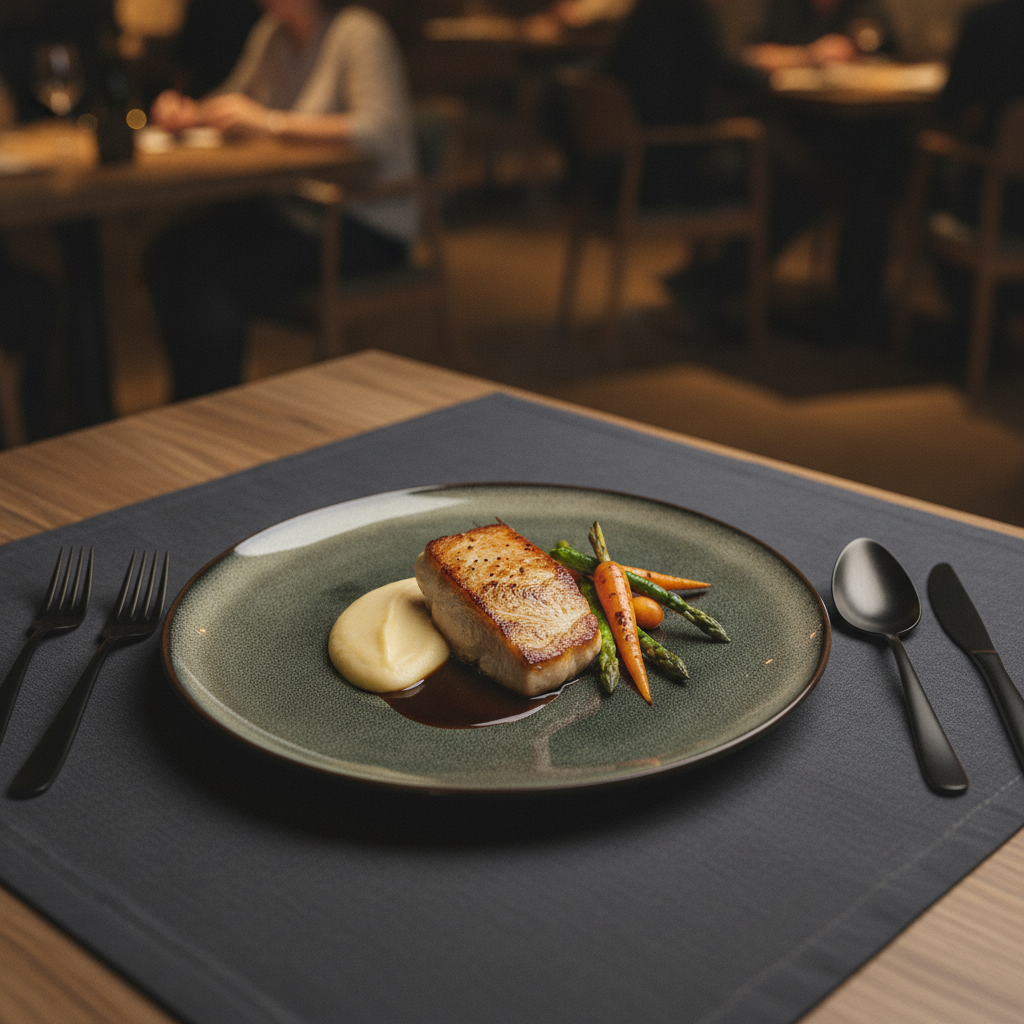 Seared fillet plated on the Muschio green-grey reactive ceramic plate in a moody fine-dining setting