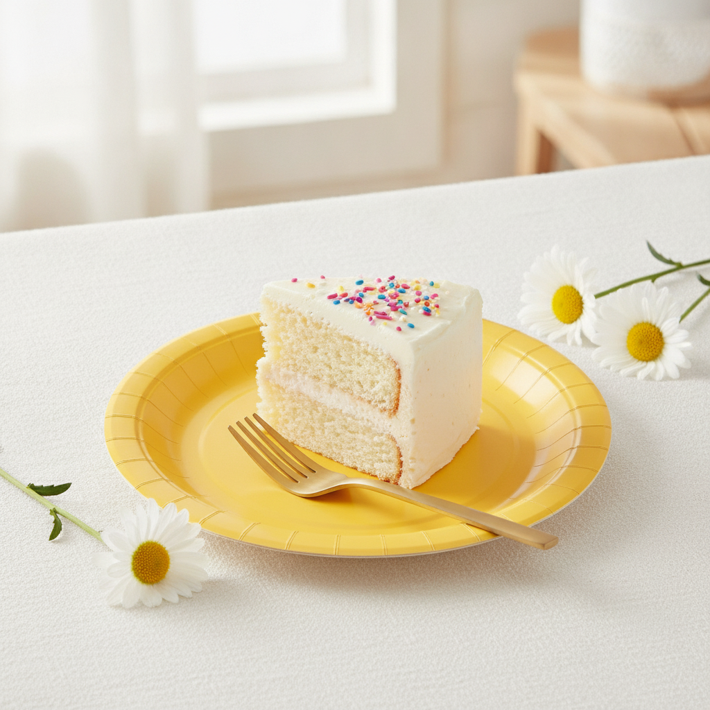 Angled close-up of a yellow disposable paper plate with a cake slice and gold fork