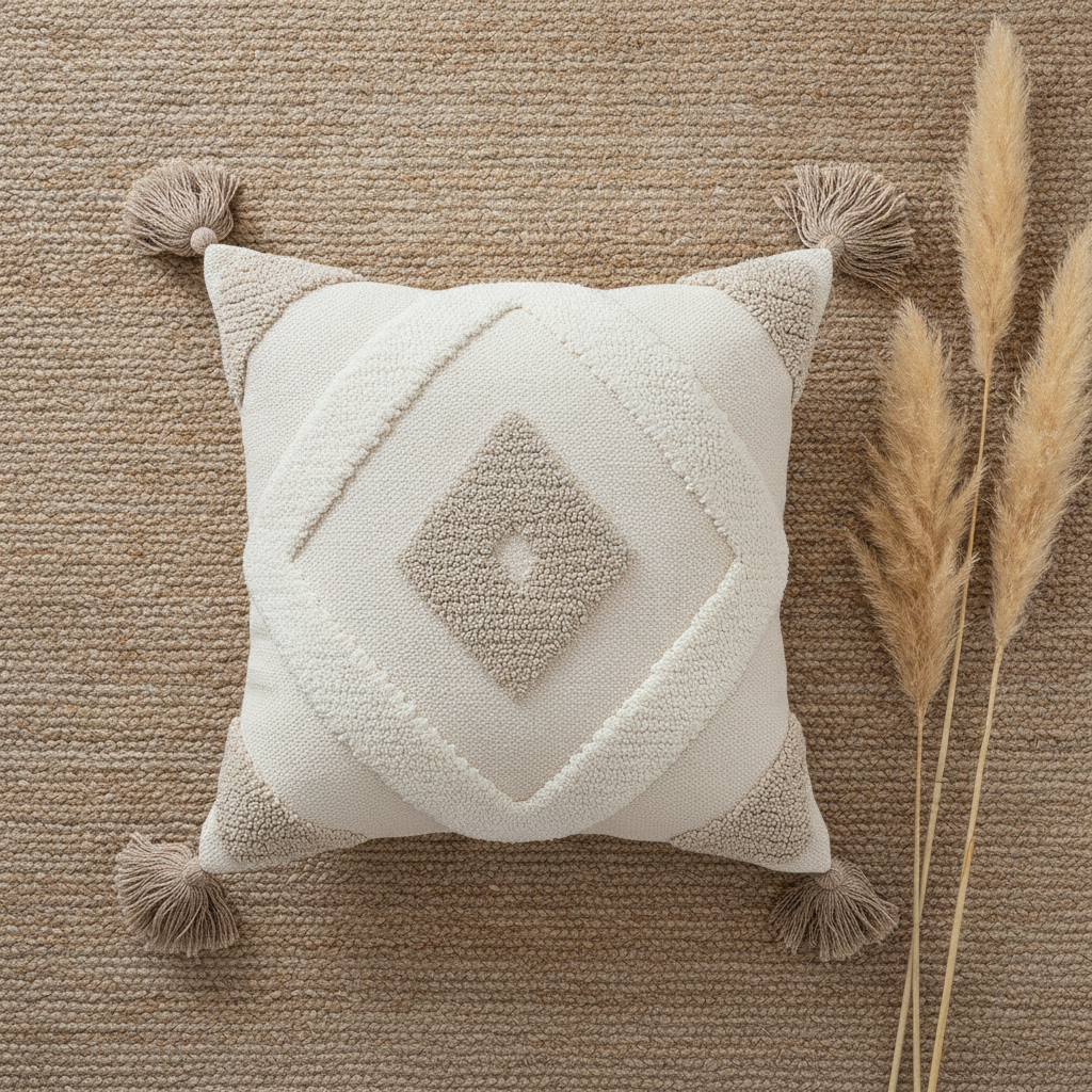 Overhead flat-lay of the Trama cushion on a woven beige rug