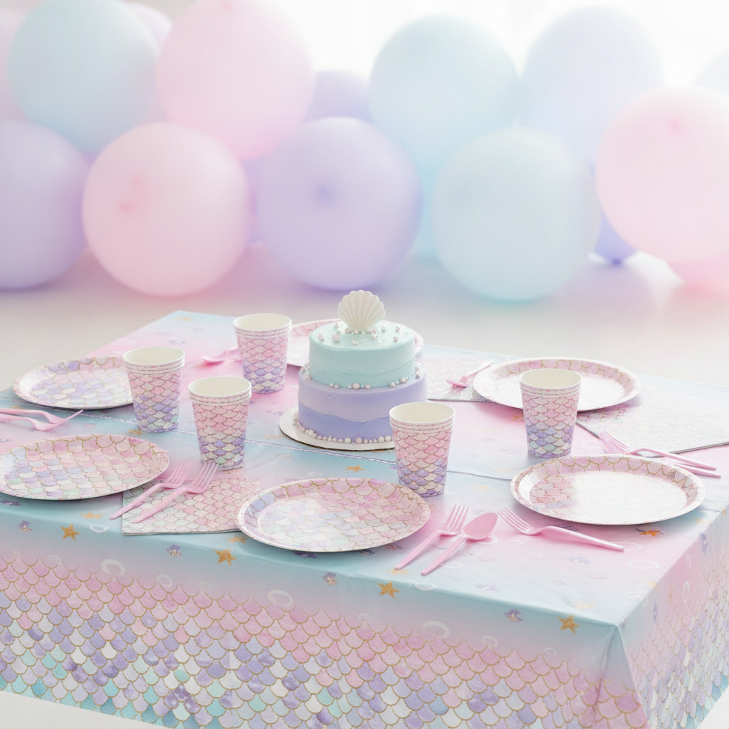 Mermaid under-the-sea birthday party tablescape with scale tablecloth and tableware