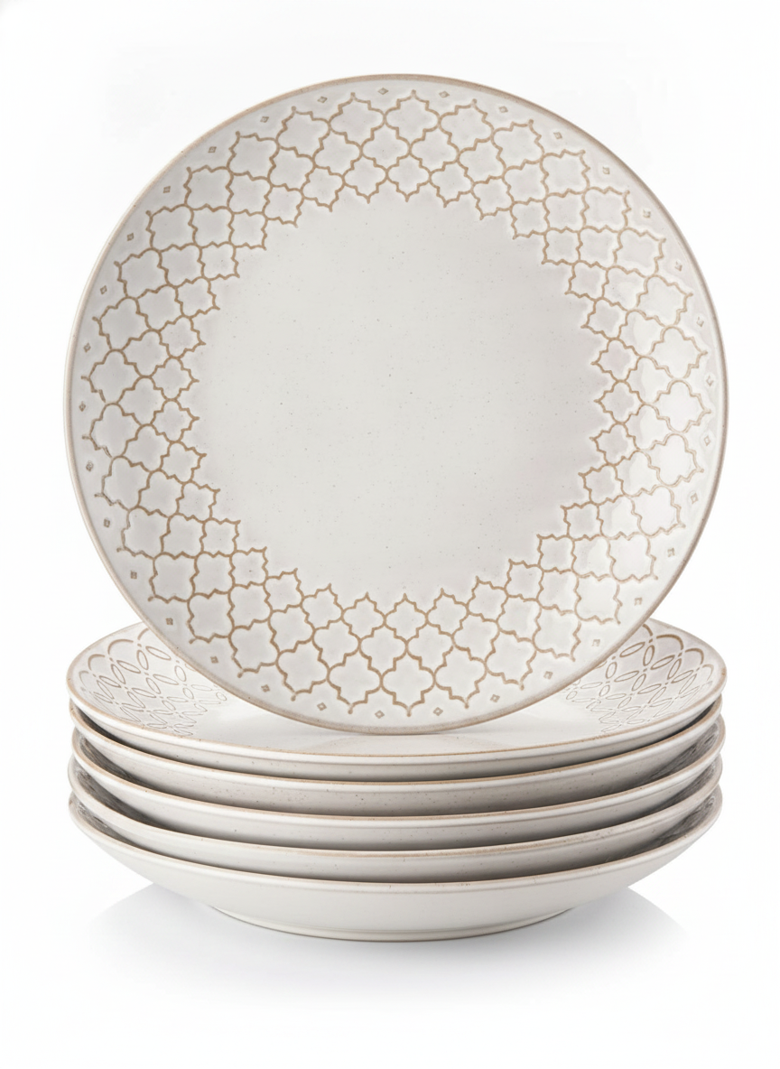 Marrakech cream ceramic dinner plates, set of 6 with Moroccan lattice relief rim, on white