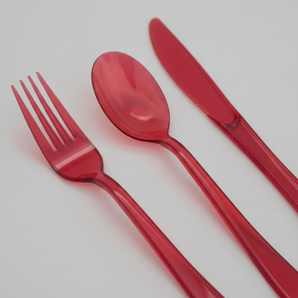 Close-up of glossy translucent red disposable plastic fork, spoon and knife