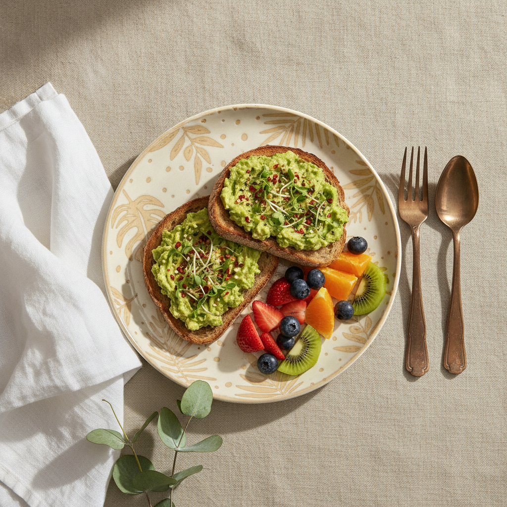 Creamy beige leaf ceramic plate with avocado toast brunch and eucalyptus