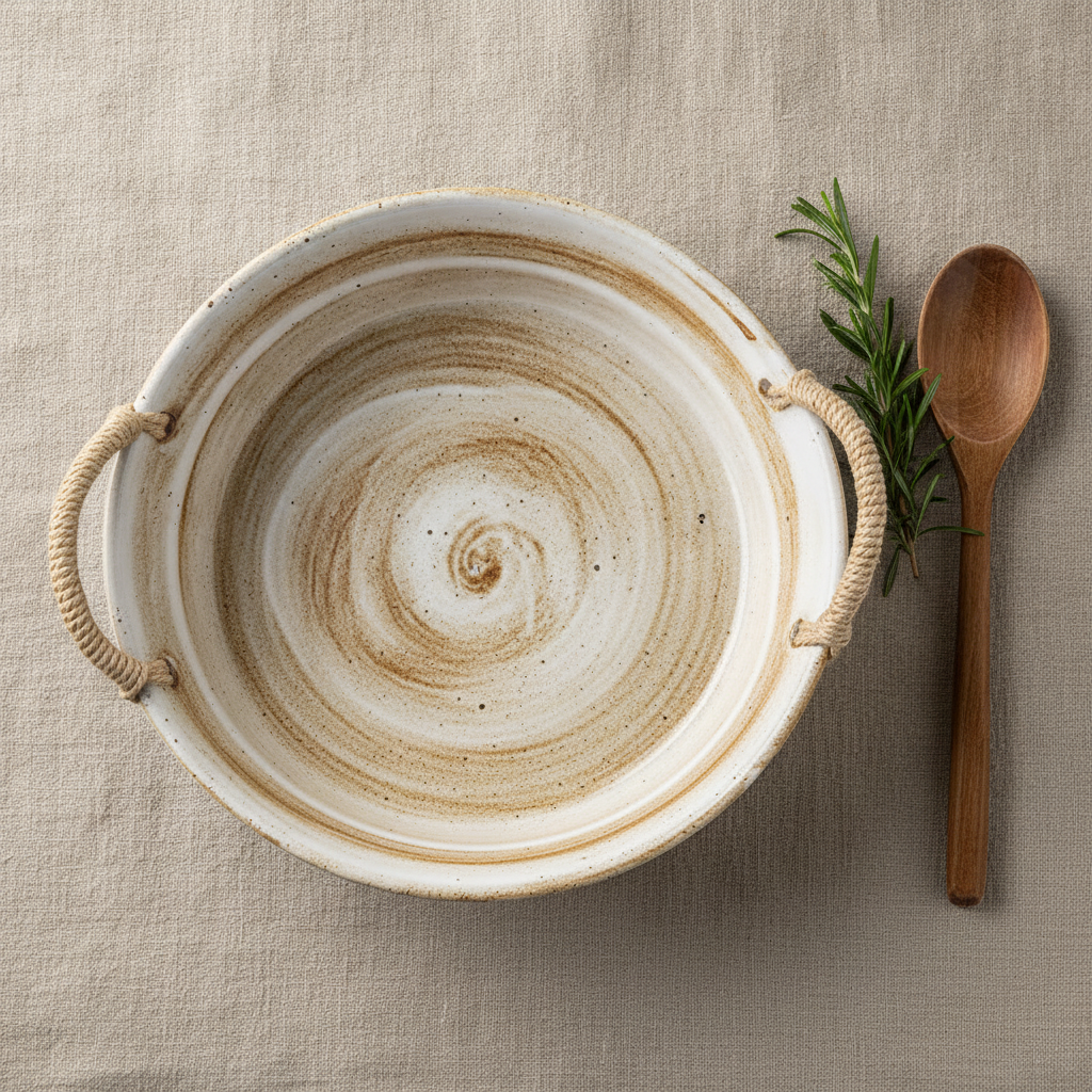 Overhead flat-lay of empty hemp-rope stoneware bowl on linen with rosemary and spoon