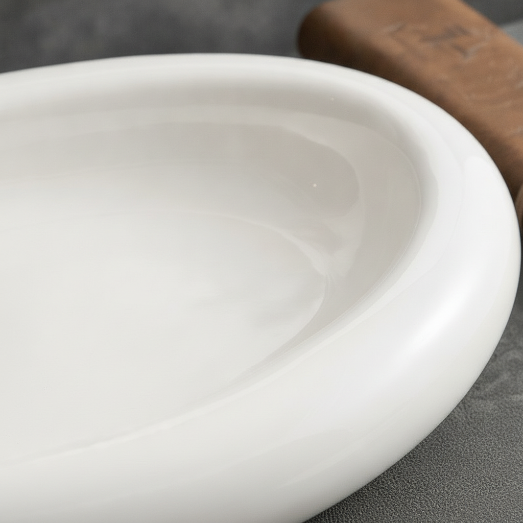 Macro of the plump rounded puffy rim and glossy white glaze of the Nuvola platter