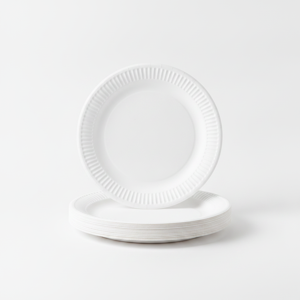 Stack of plain white disposable paper dinner plates on white background