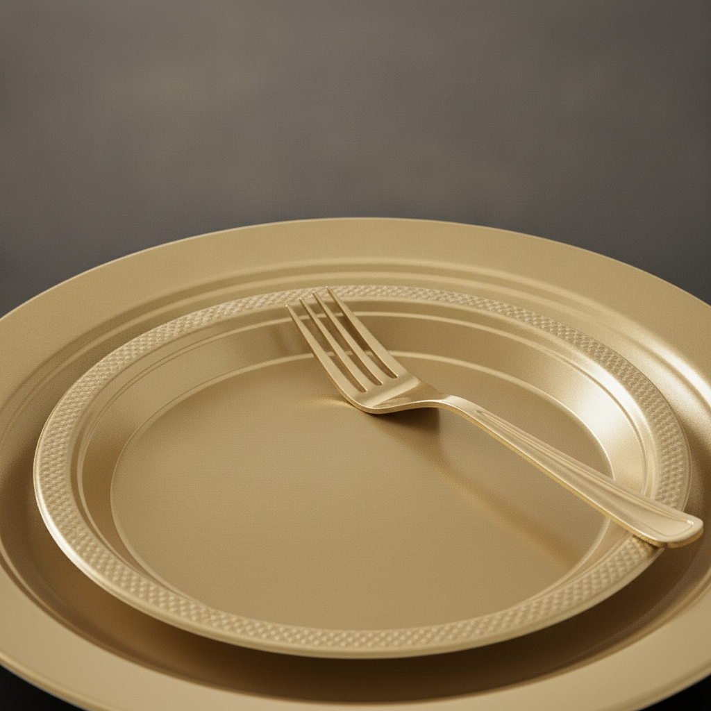 Macro close-up of stacked gold disposable plates with a gold fork