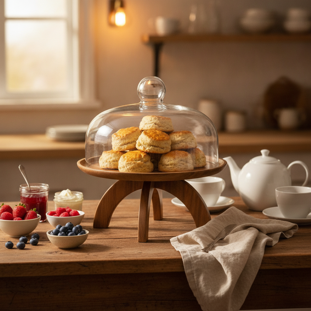 Acacia wood cake stand with glass dome on an afternoon tea table with scones