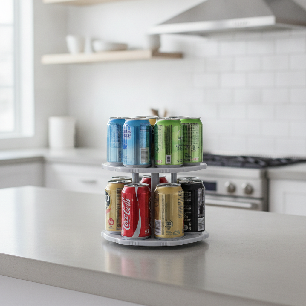 Rotating can organizer on a kitchen countertop loaded with assorted beverage cans