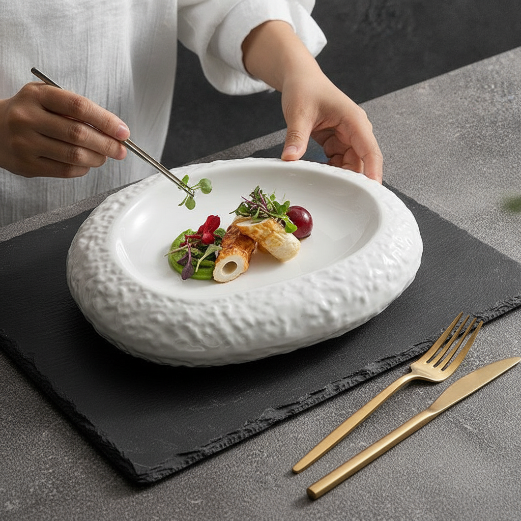 Scoglio porcelain plate presenting a chef-plated tasting-menu portion