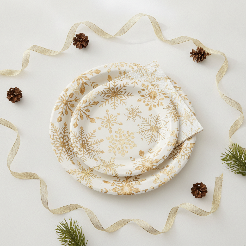Overhead flat-lay of gold snowflake disposable paper plates and napkins with pine